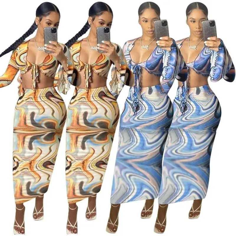 

Ladies Summer Suit Printed Wooden Ear Puff Sleeves Sexy Long Skirt Casual Suit