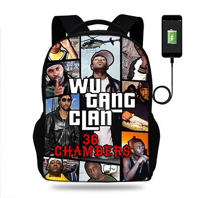 k7676 17 дюймов Wu Tang Killa Bees хип печати рюкзак для женщин USB рюкзаки с зарядным устройством для подростков мальчиков школьные сумки ноутбук повседневные Рюкзаки - Цвет: k7676