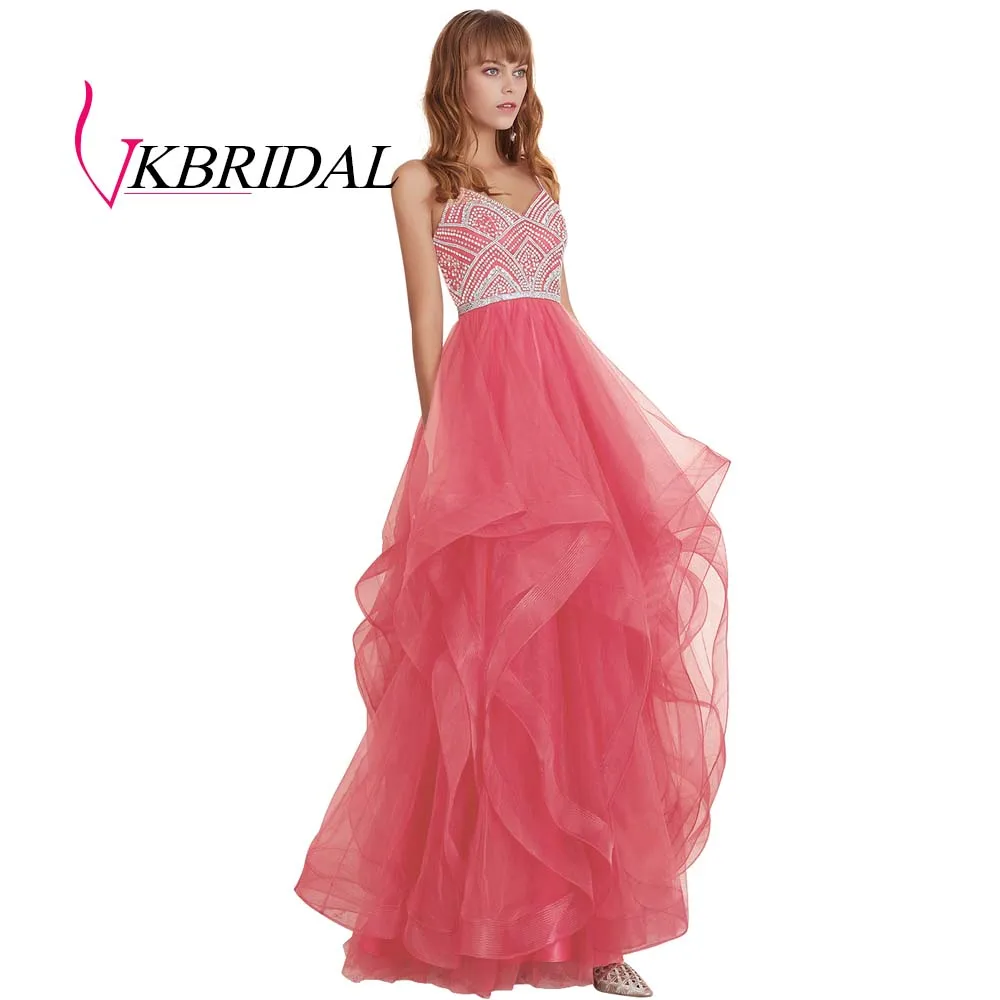 VKBRIDAL красные многоуровневые тюлевые платья для выпускного вечера новые Бальные платья с бисером и кристаллами официальное длинное вечернее платье - Цвет: coral