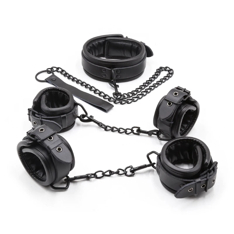 

Черный комплект бондажа из натуральной кожи для БДСМ, 3 шт., ошейники, манжеты для лодыжки, наручники для интима, набор бондажа