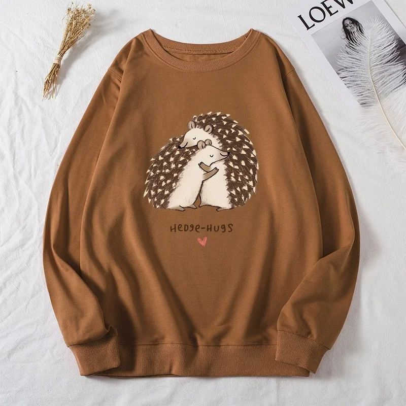

Women Autumn Long Sleeve Sweatshirts Hug Hedgehog Letter Print Female Graphic Regular Pullover Ladies Daily O-Neck Hoodless Tops