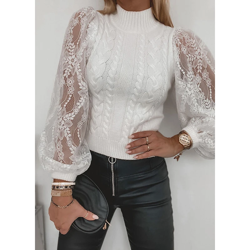 

Spring and Autumn Women's Personalized Tops Pure Color High Round Neck Pullover Lace Hollow Long Sleeve Casual Fashion Knitwear