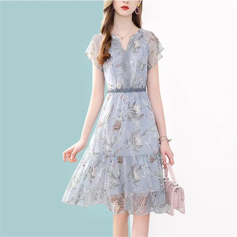 

Женское летнее шифоновое платье с рукавом-бабочкой и V-образным вырезом, трапециевидная юбка с принтом, модные платья до колена, новинка 2022