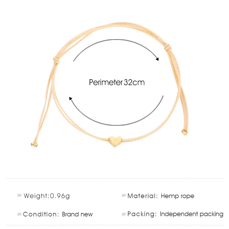 Женский минималистичный браслет ручной работы с золотым сердцем регулируемый