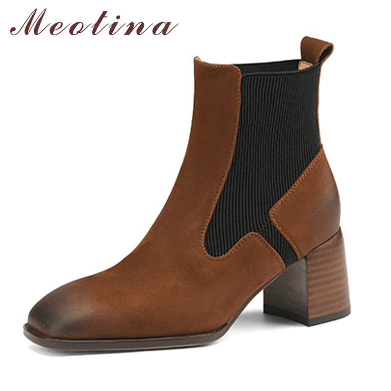 

Женские ботинки челси из натуральной кожи Meotina, ботильоны на толстом высоком каблуке, с квадратным носком, коричневого и черного цвета, Осен...