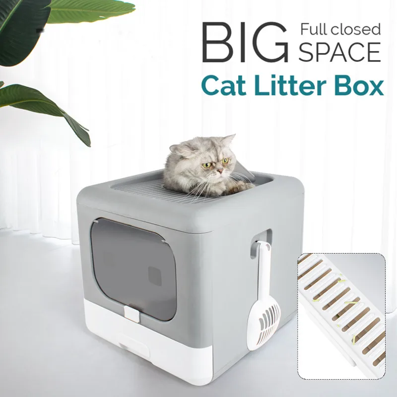 

Foldable Cat Bedpans Cat Litter Box Fully Enclosed Deodorant Pet Toilet with Shovel High Capacity Drawer Type Cat Sanitary Tray