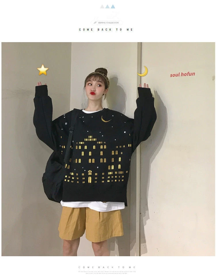 

Night print autumn cotton hoodie Harajuku loose thin ladies pullover oversize 2020 new