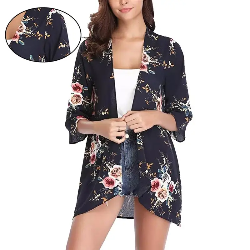 

Женская пляжная Солнцезащитная рубашка, красивый Кардиган для девочек, одежда с цветочным принтом (темно-синий, размер XL)