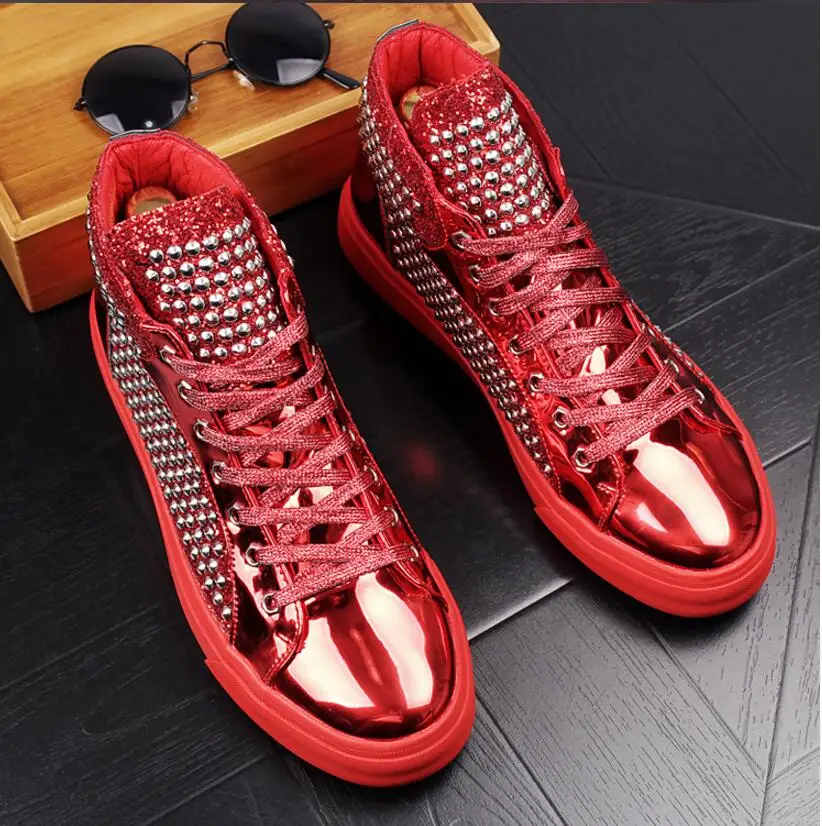 

Мужские модные кроссовки, роскошная мужская повседневная обувь, высокие, на плоской подошве, модные мужские ботильоны со шнуровкой и заклеп...