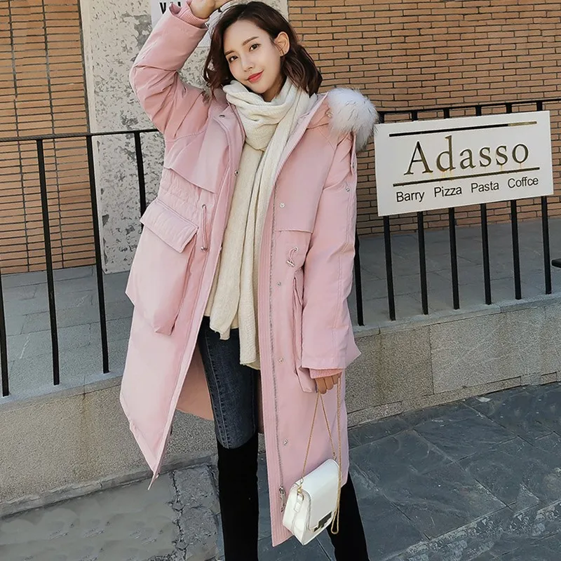 

Новинка 2020, зимнее длинное пальто на утином пуху, парка с капюшоном из натурального меха енота, повседневные теплые куртки, верхняя одежда с ...