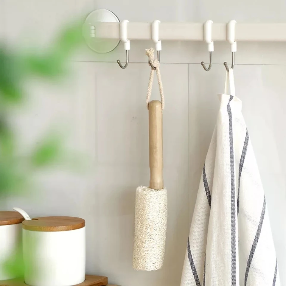 

Щетка из натуральной люфы с деревянной ручкой, щетка для мытья кухни, Нетоксичная щетка для чистки бутылок, инструмент для домашней уборки