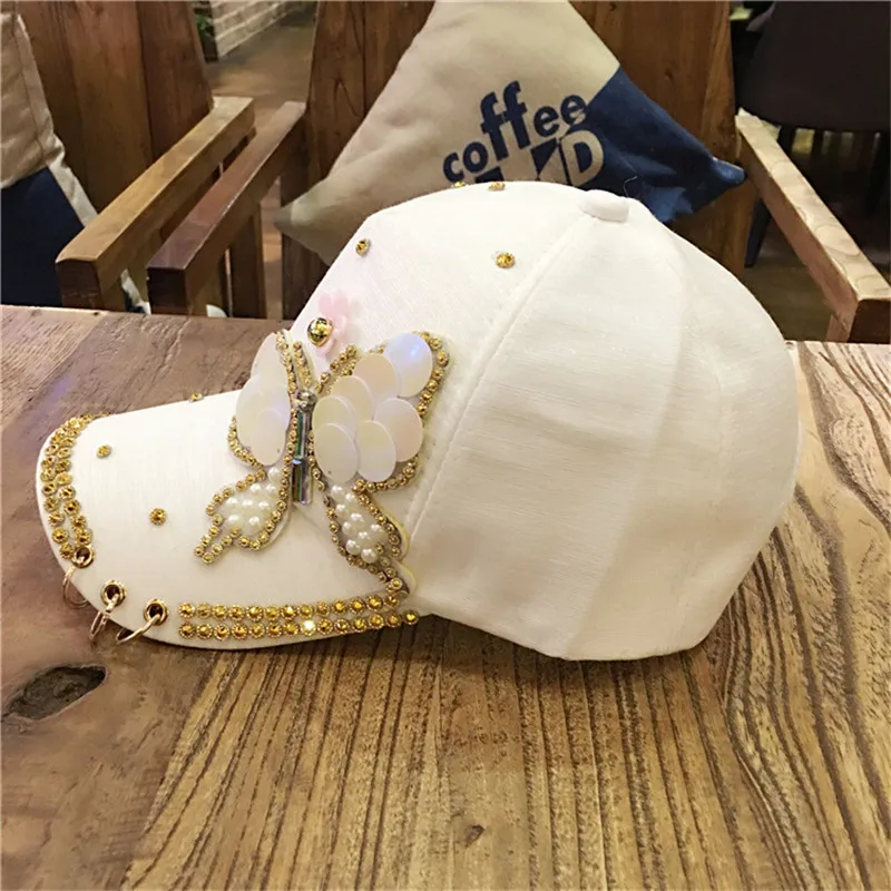 Summer Tourist Hat Plain Cotton Women Metal Baseball Cap Snapback Hip Hop Caps Casual Pearl Butterfly Sequins Baseball Caps Hats