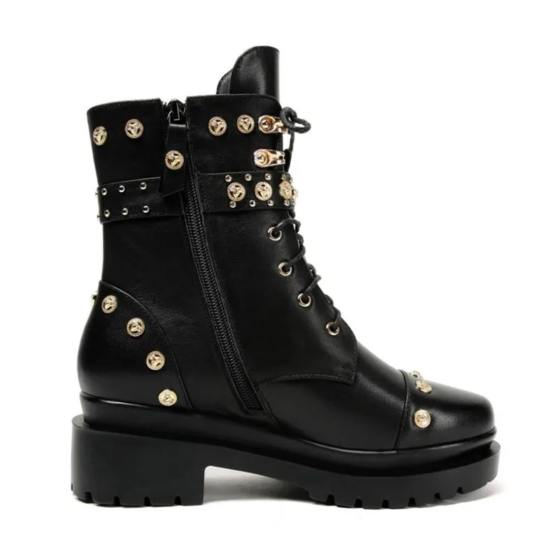 RIZABINA 2020 Punk Rivets Women Ankle Boots Genuine Leather Motorcycle Zipper Round Toe Brand Footwear Size 34-39 | Обувь