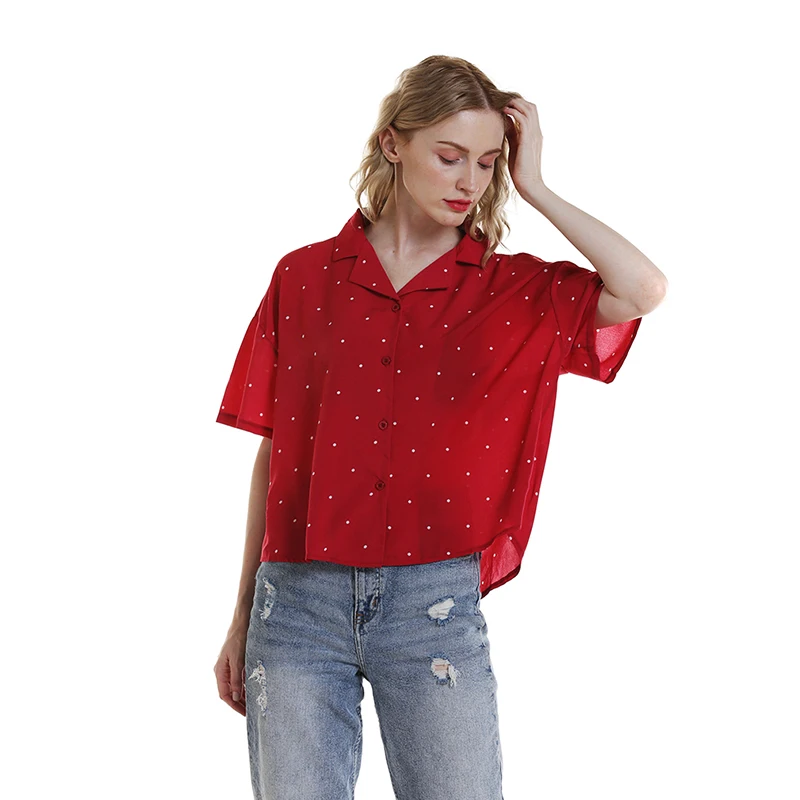 

Women Polka Dot Printed Shirt Casual Printed Turn Down Collar Short Sleeve Blouses Fashion Female Clothing ladies Shirts