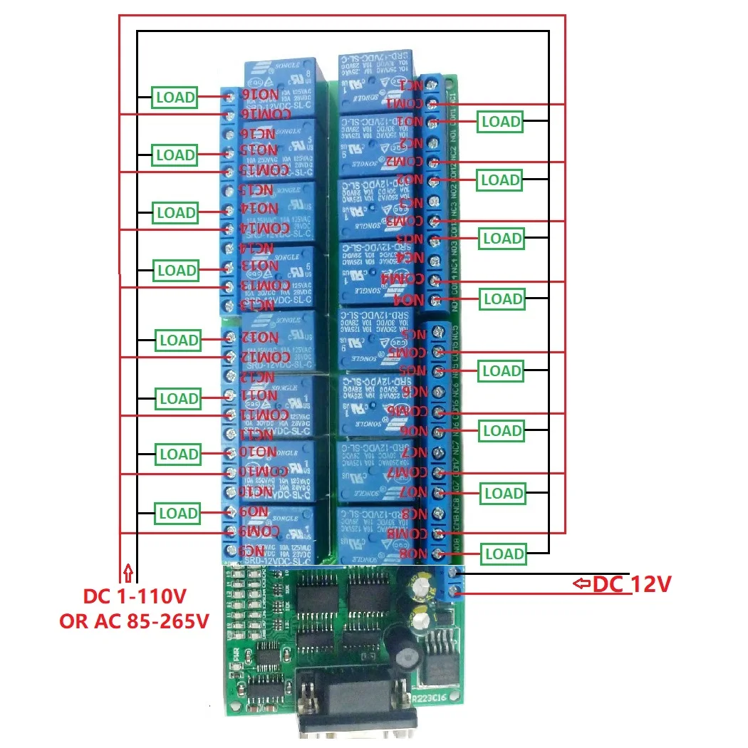 16ch DC 12V Серийный порт DB9 UART RS232 релейный модуль для PLC PC Com 3D принтер LED Home