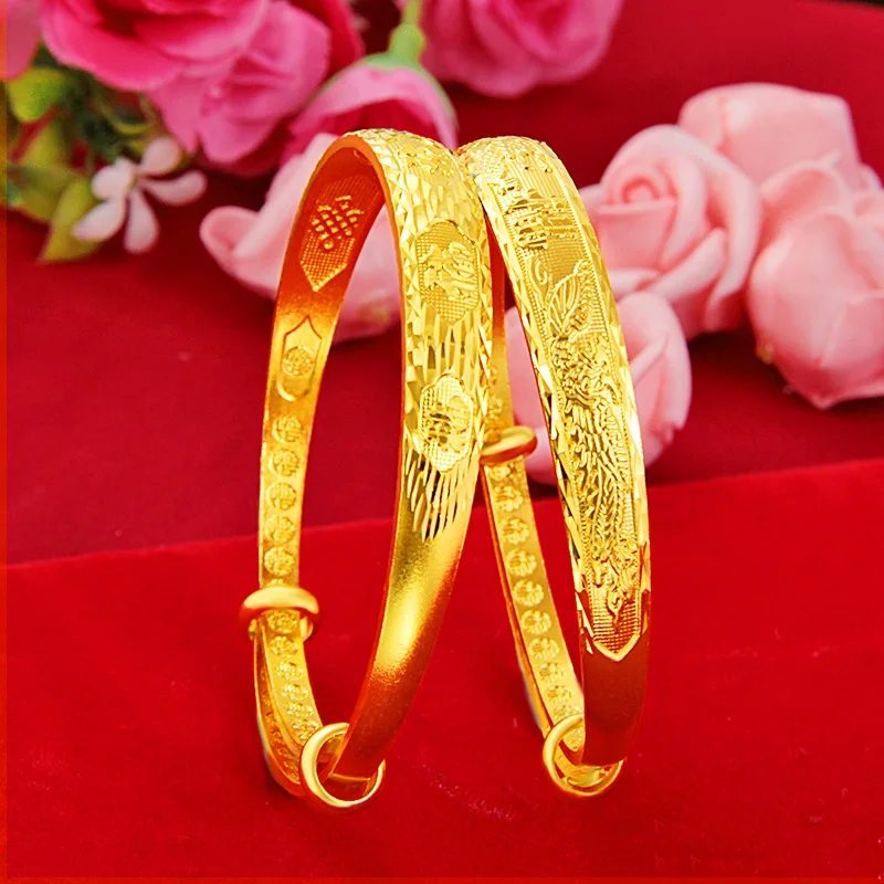 

Classical 24k Yellow Gold Bracelet Bangles for Women Dragon Phoenix Push-Pull Sandblasted Bracelet Bridal Wedding Jewelry Gifts