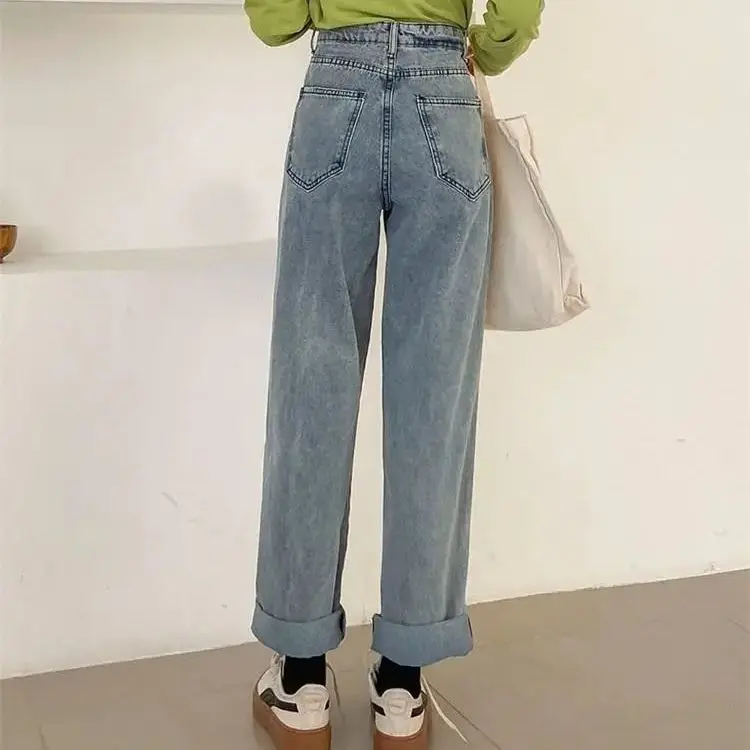 

Light blue straight tube high waist retro jeans women 2021 spring and summer new loose wide leg slim Daddy Long Pants