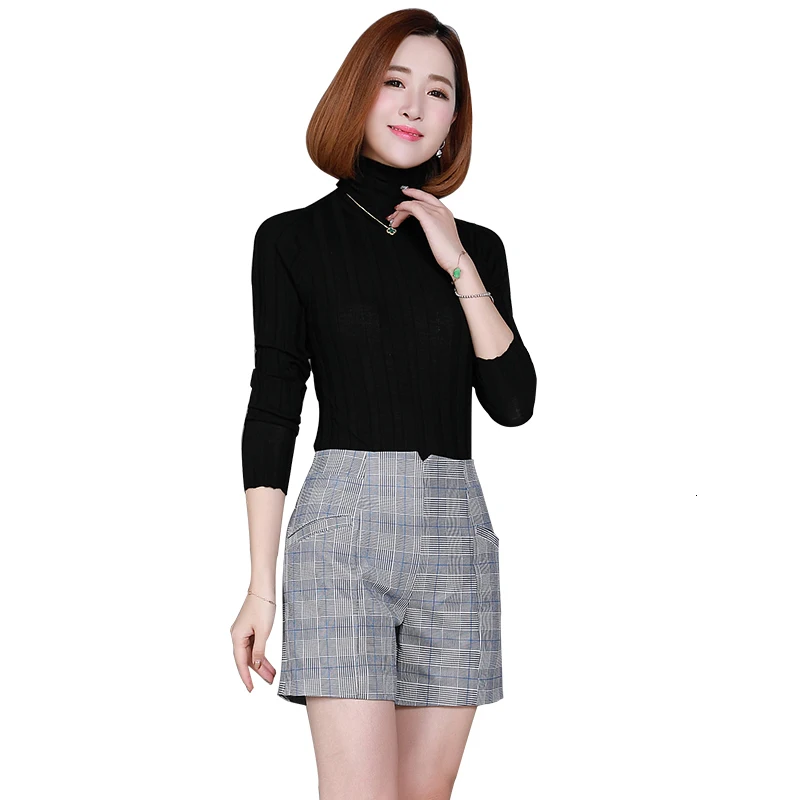 

2020 Top Brand Women Natural Genuine Leather Sheepskin Loose Shorts Slim Fit Plaid Printed High Waist Streetwear Female Shorts