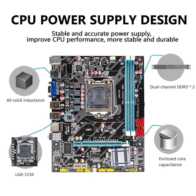 Материнская плата H55 LGA1156 DDR3 sup-порты I3 I5 I7 ЦП XEON PCI-Express USB2.0 материнская новая P3 |