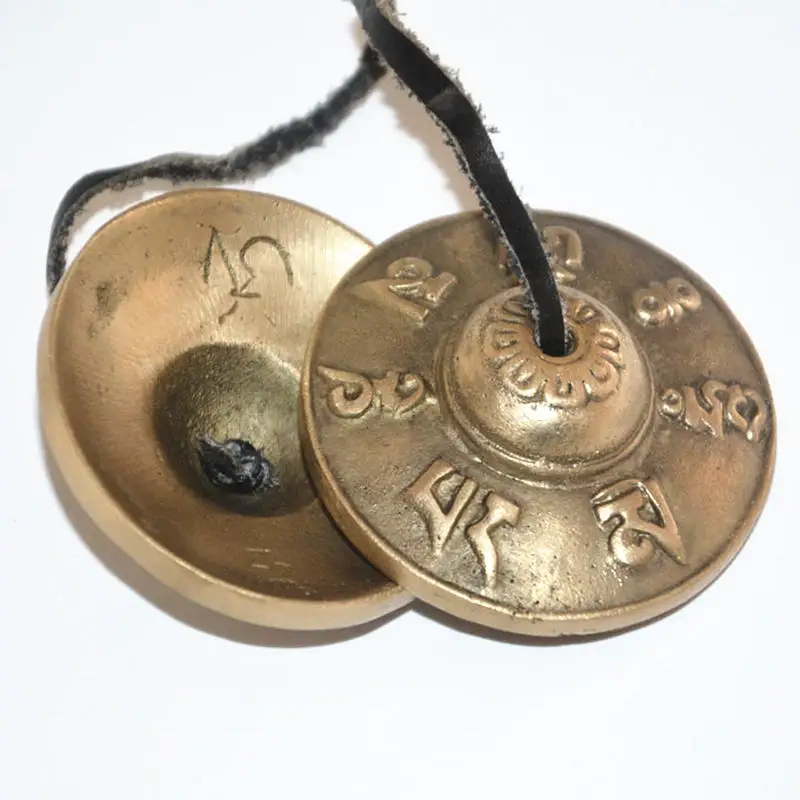 TBC847 Tibetan Buddhist Singing Bells Pair Tibet Mantras Cymbals OM MANI PAD ME HUM Brass Golden | Дом и сад