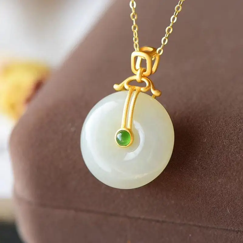 

Natural Hetian Jade White Jade Jasper Necklace Pendant Peace Buckle Clavicle Chain Inlaid Gilding Craft jade necklace