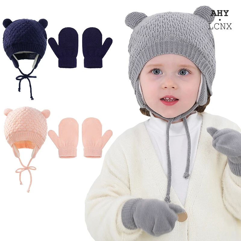

Autumn Winter Boys Girls Plush Warm Knitted Hat Gloves Kids Solid Color Windproof Children Hats Outdoor Baby Earflap Beanies Cap