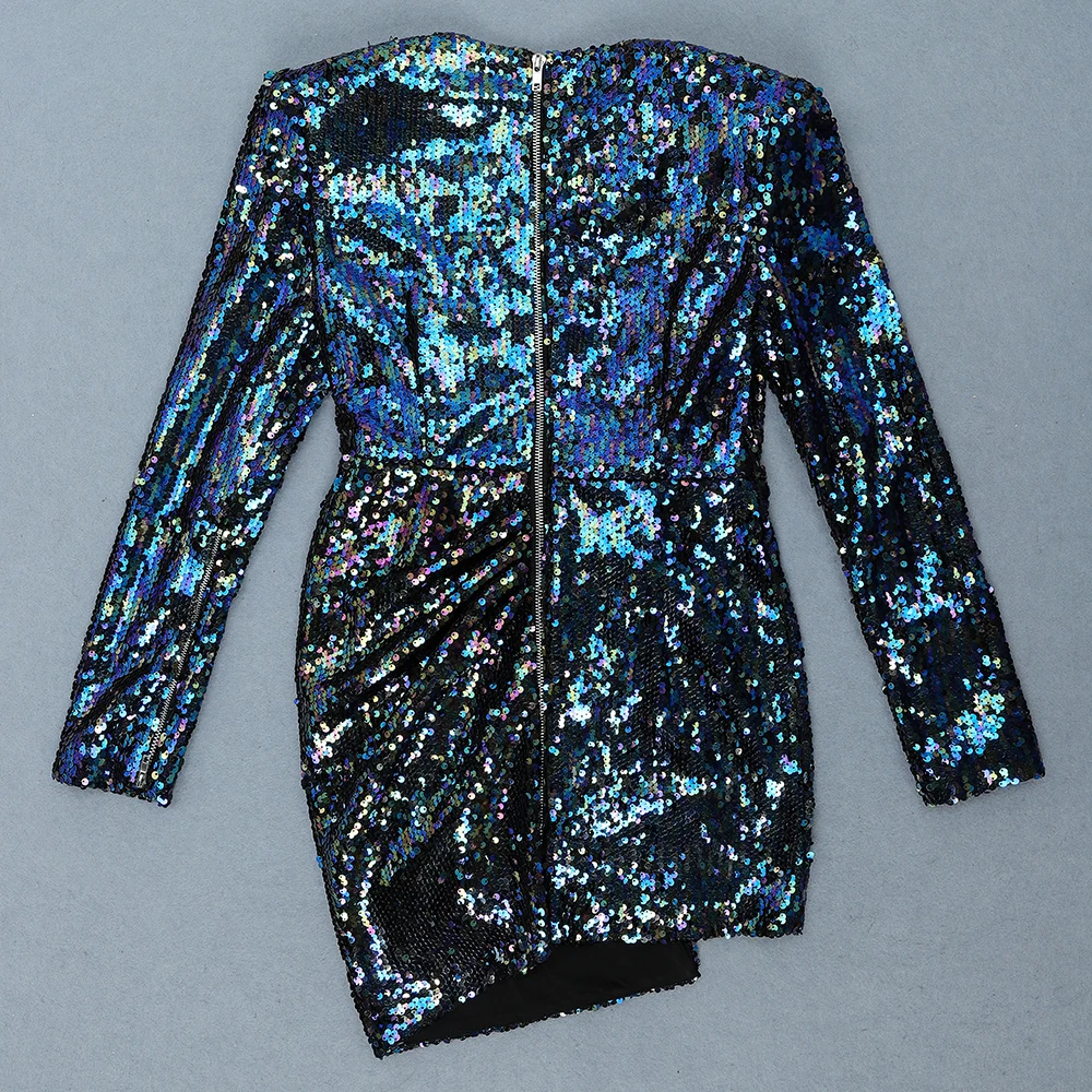 

2019New white blue v neck sqeuined Long Sleeve Women high quality Celebrity evening party Bandage Vestidos dresses wholesale