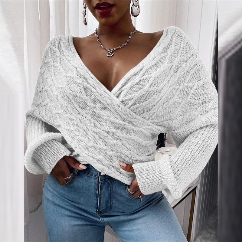 

Женский трикотажный свитер, Элегантные корейские пуловеры с V-образным вырезом и перекрестными вставками, зима-весна 2021