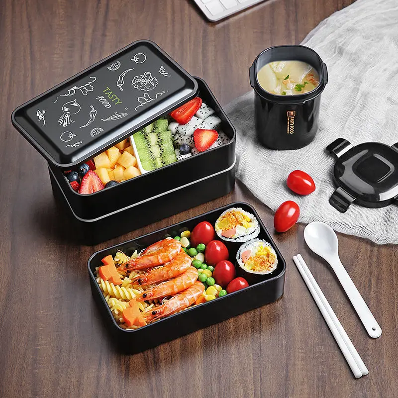 

Office Worker's Lunch Box Double-layer Japanese Portable Microwave Lunch Box Separated Large Heatable Lunch Box with Tableware