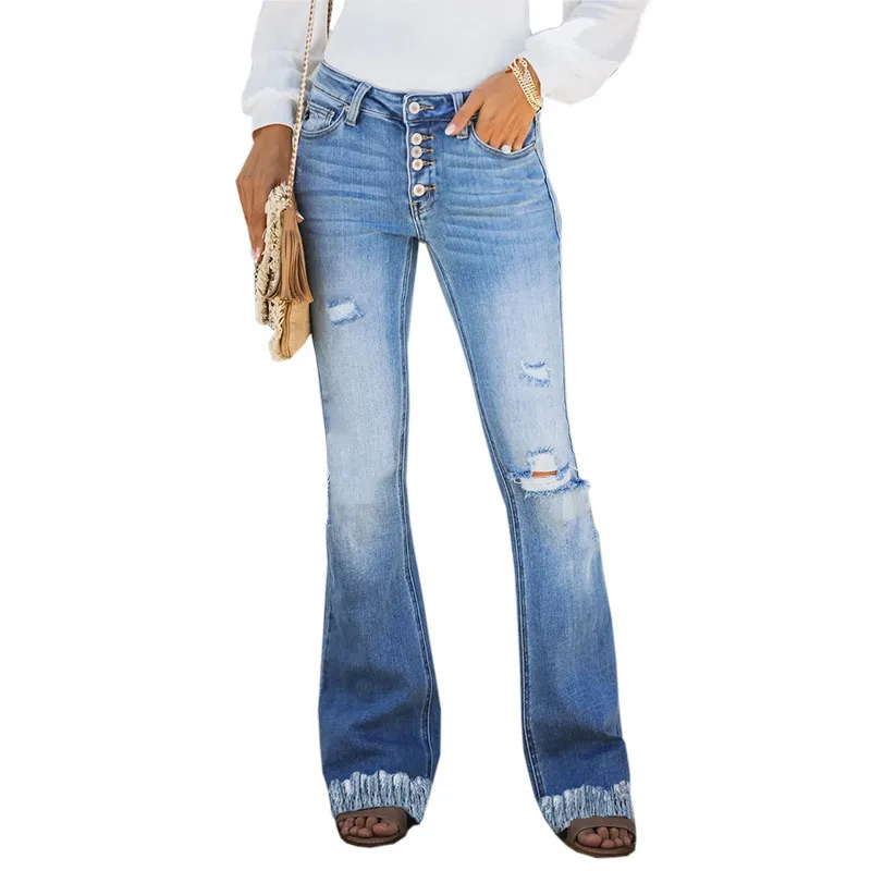 

Women Jeans Spring and Summer Flare Pants Hole Tassel Fashion Ripped Jeans for Women Hipsters High Waisted Jeans Donsignet