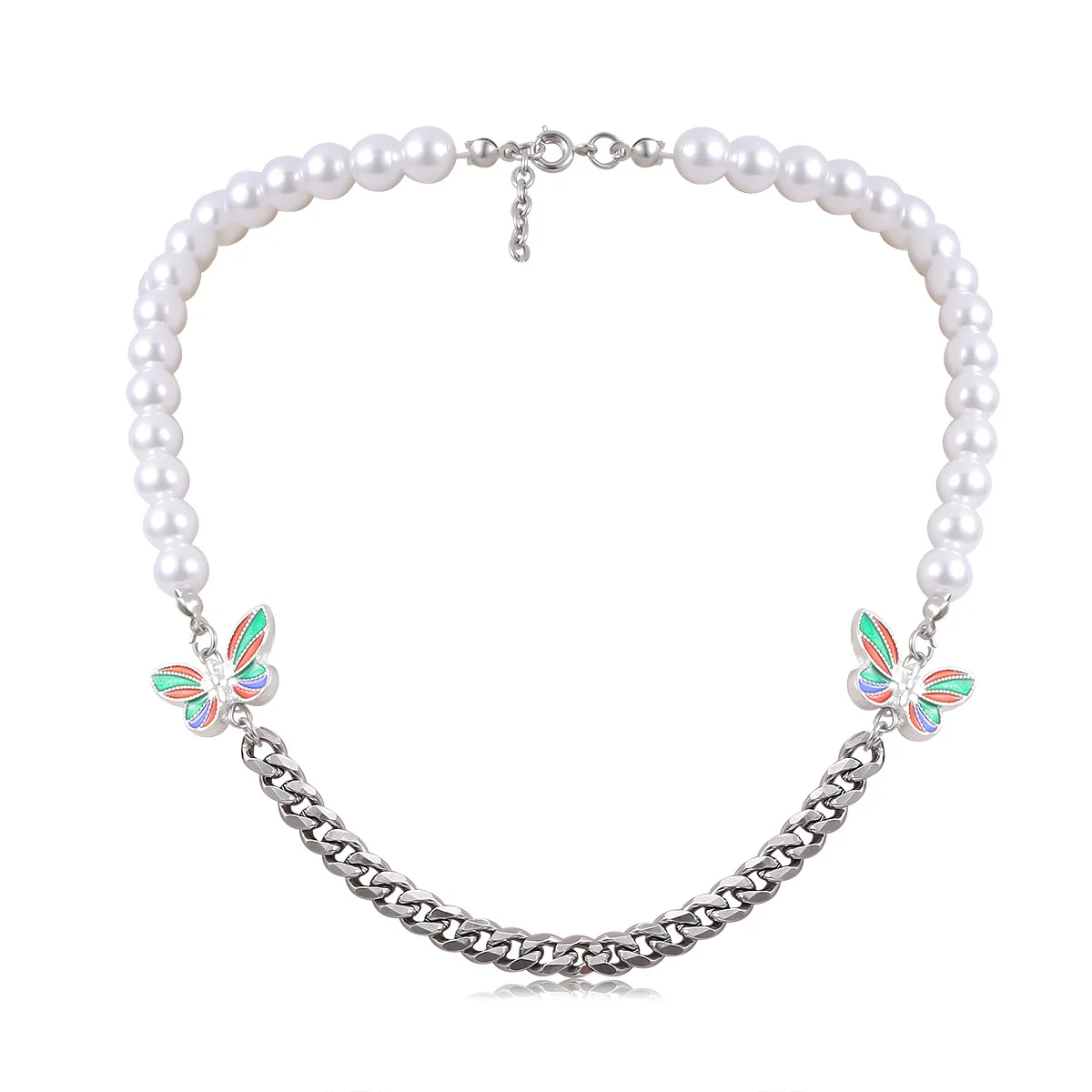 

New Jewelry Hip Hop Pearl Stainless Steel Chain Men and Women Necklace Simple Color Butterfly Collarbone Necklace dropshipping