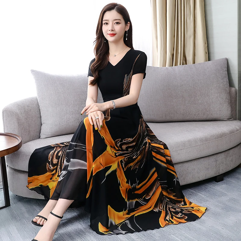 

Casual Loose Chiffon Print Dress 2019 New Arrival Summer dress Women Bohemian V-collar Printing Plus size Midi Dresses Female