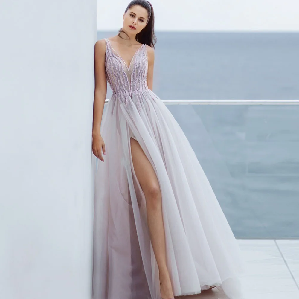 

Classical V-Neck Wedding Gowns Purple Beading A-Line Sequined Side Split Tulle Sweep Train Sleeveless Backless Vestidos De Novia