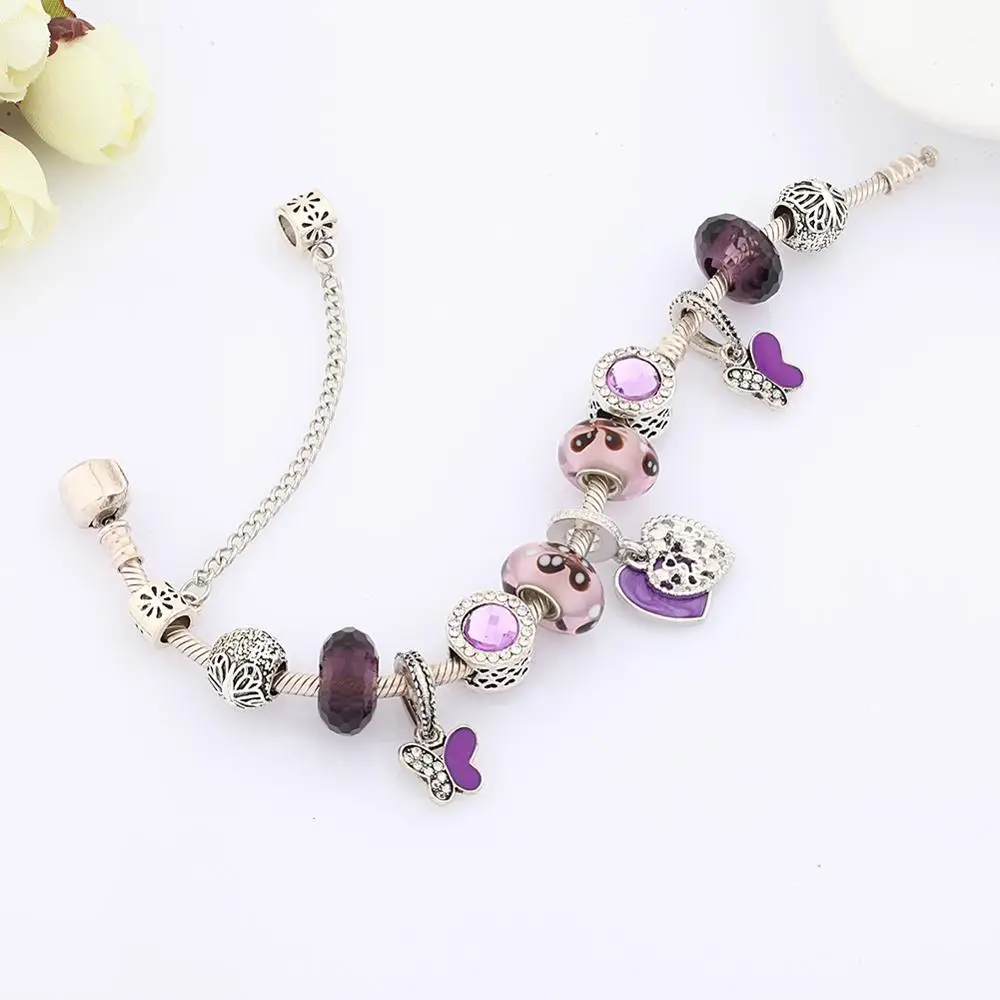 Leabyl Новое поступление фиолетовое сердце Бабочка эмаль очаровательный браслет на