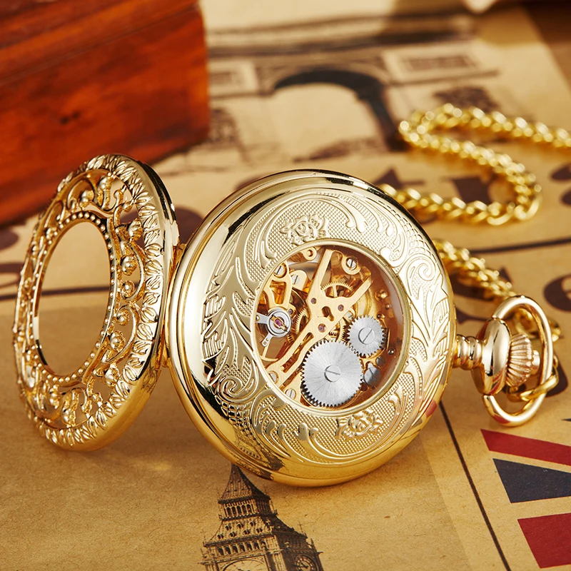 Luxury Full Gold Body Mechanical Pocket Watch Skeleton Steampunk Case Fob Chain Clock for Men Women Collection Dropshipping
