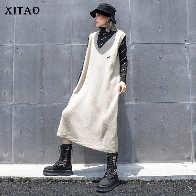 XITAO Tide/большие размеры платье миди женская одежда с вышивкой 2019 модное v образным