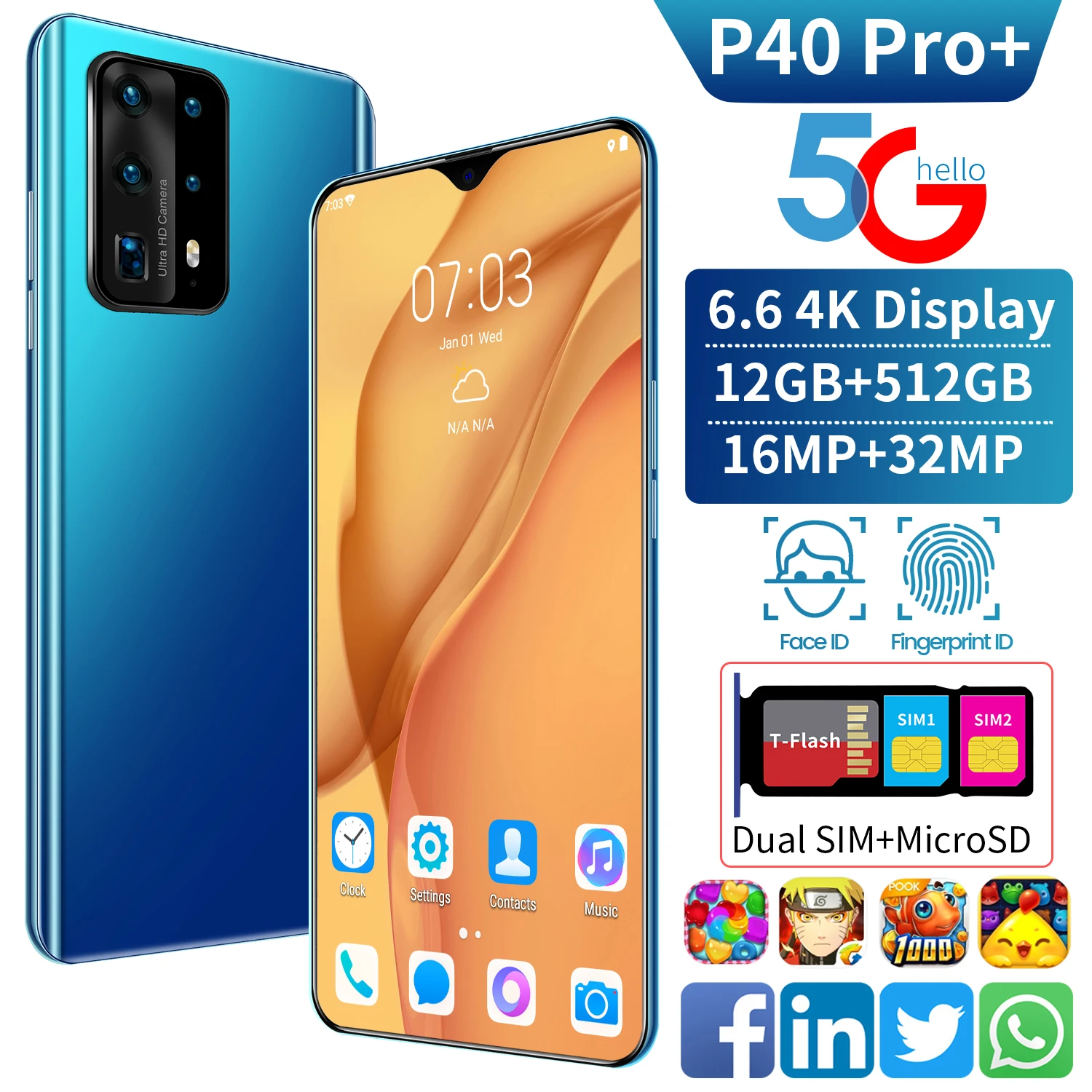 

Global version P40 Pro+ 6.6Inch Smartphone 12GB RAM 512GB ROM 16+32MP Google GPS Unlocked Android 4G 5G Mobile Phone In Stock