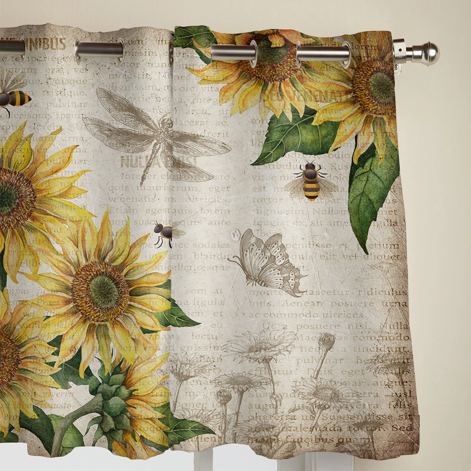 Винтажные старые газеты Подсолнухи стрекоза бабочки оконные шторы для гостиной