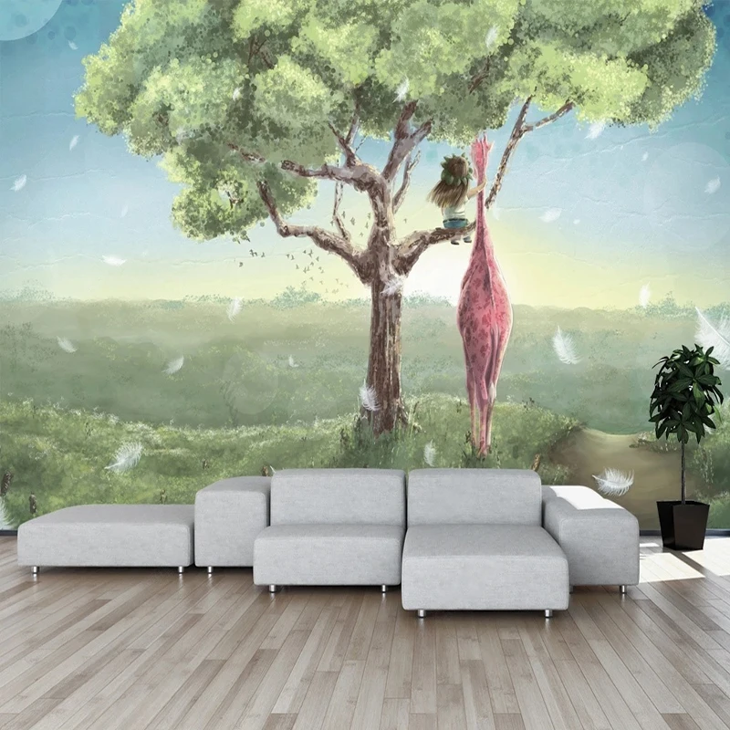 

Мультяшные фото настенные фрески скандинавский Жираф большое дерево обои для детской комнаты фоновые бумаги экологически чистые на заказ