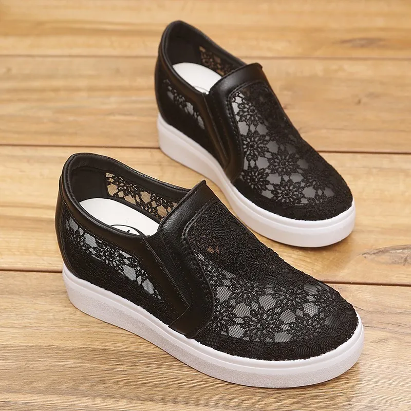 

Single Shoes Hollow Women's Shoes Mesh Shoes Elevator Mesh Wear-Resistant Summer Black Fashion Lace Pedal Slanted Heel Light