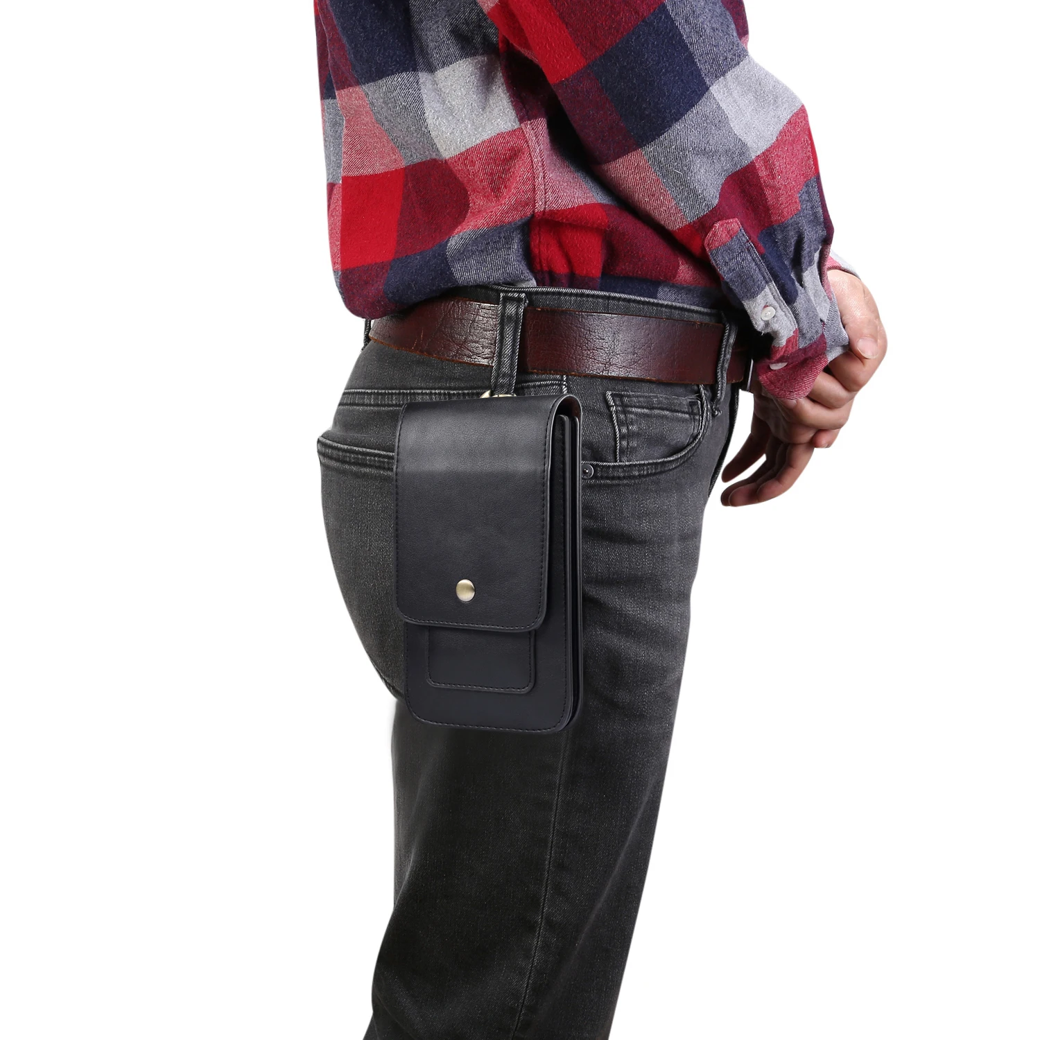 

Luxury Lambskin Men's Mobile Phone Universal Double Grid Waist Holster High-End Imitation Leather Material Pouch Belt Waist Bag