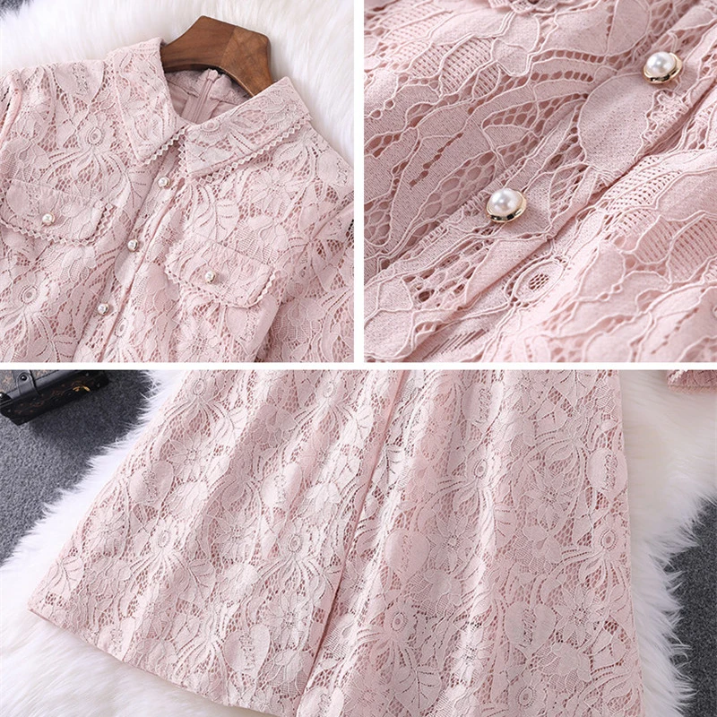 

Spring Autumn Hollow Out Pink Lace Dress for Women Fashion Designer Full Sleeve Solid Aline Casual Sweet Party Robe Femme