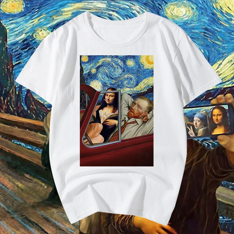 

Забавная футболка с Моной Лизой, футболка Ван Гога, звездная ночь с картиной маслом Моны Лизы, модная футболка в стиле Харадзюку, хип-хоп фут...