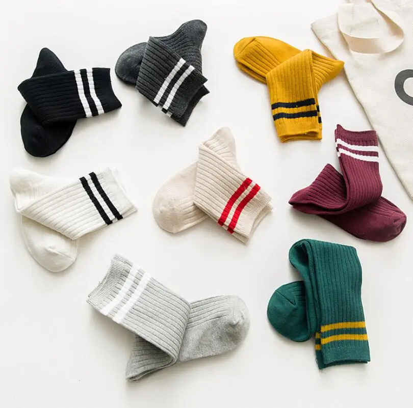 Girls Solid Cotton Crew Socks Striped Cuff Women Ribbed Knitted Sport Sock Warm Winter Socks Ankle Socks Short Socks 8 pairs/lot