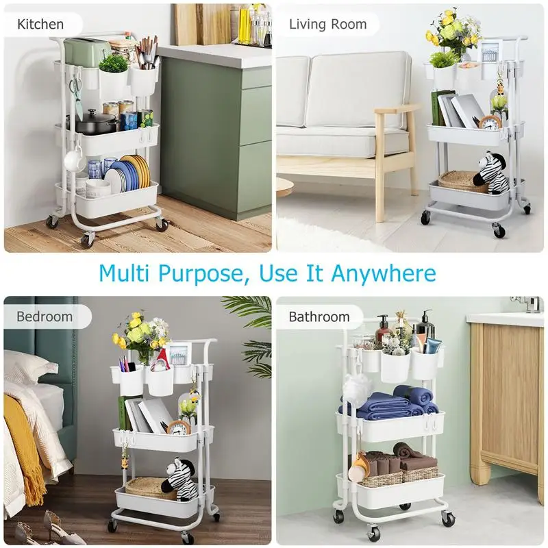 

3 Tier Detachable Cart Storage Baskets Rolling Storage Cart Mobile Utility Cart With Handle Lockable Casters 4 Hooks Included
