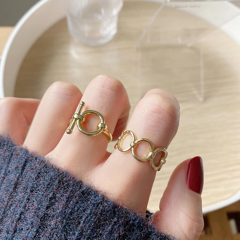 

Korean Trendy 14k Real Gold Jewelry Geometric Round Rings for Women Adjustable Open Design Micro Inlay AAA Shiny Zircon Ins Hot