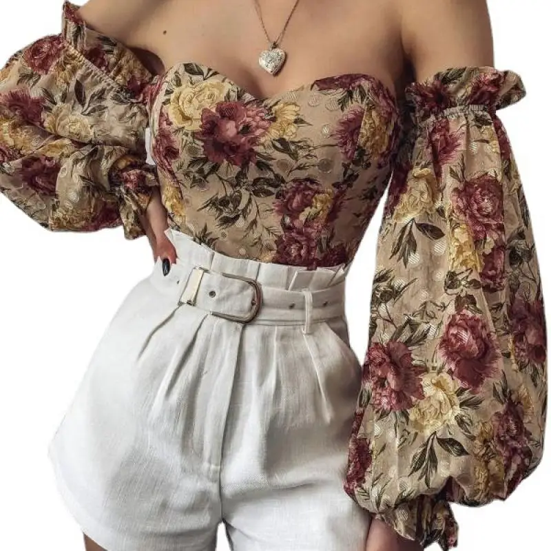 

Women Blouses Floral Printed Sexy Off Shoulder Ladies Shirts Long Lantern Sleeve Vintage Casual Skinny Tops 2021 Fashion Mujer