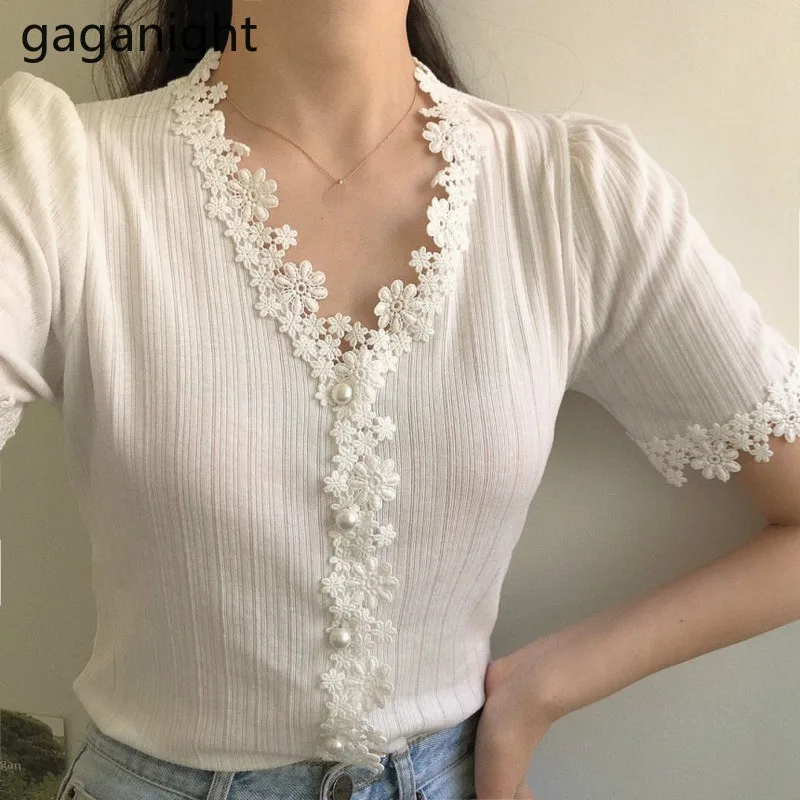 Gaganight Fashion Women Lace Knitted T Shirt Short Sleeve Cardigan Stretchy Office Lady White Black Tshirt Slim Korean Tshirts | Женская