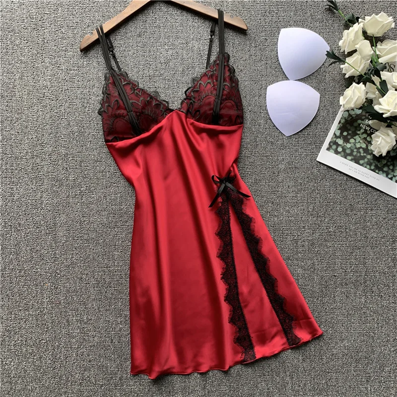 Lace Patchwork Female Spaghetti Strap Nightgown Satin Sexy Nightdress Intimate Lingerie Kimono Bathrobe Gown Casual Home Clothes | Женская