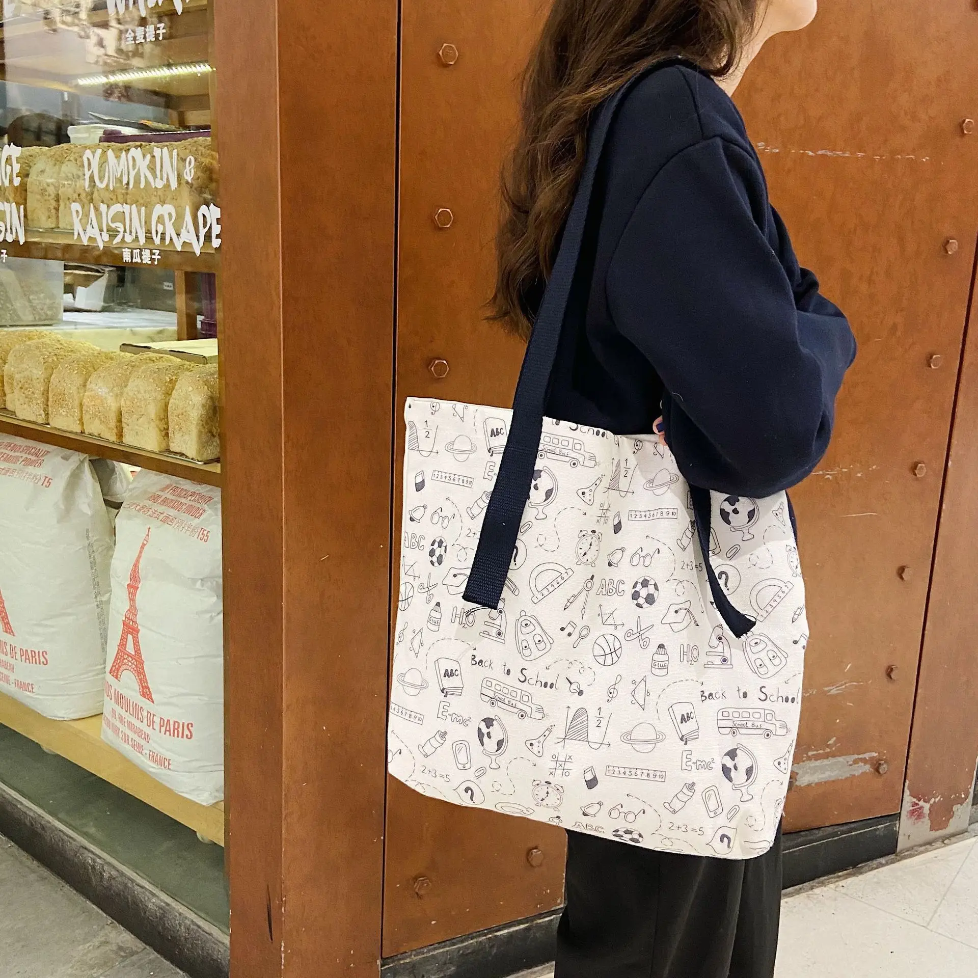 

Cartoon Print Girls Student Canvas Shoulder Bag Large Capacity Women Reusable Shopping Bags Simple Ladies Casual Tote Handbags
